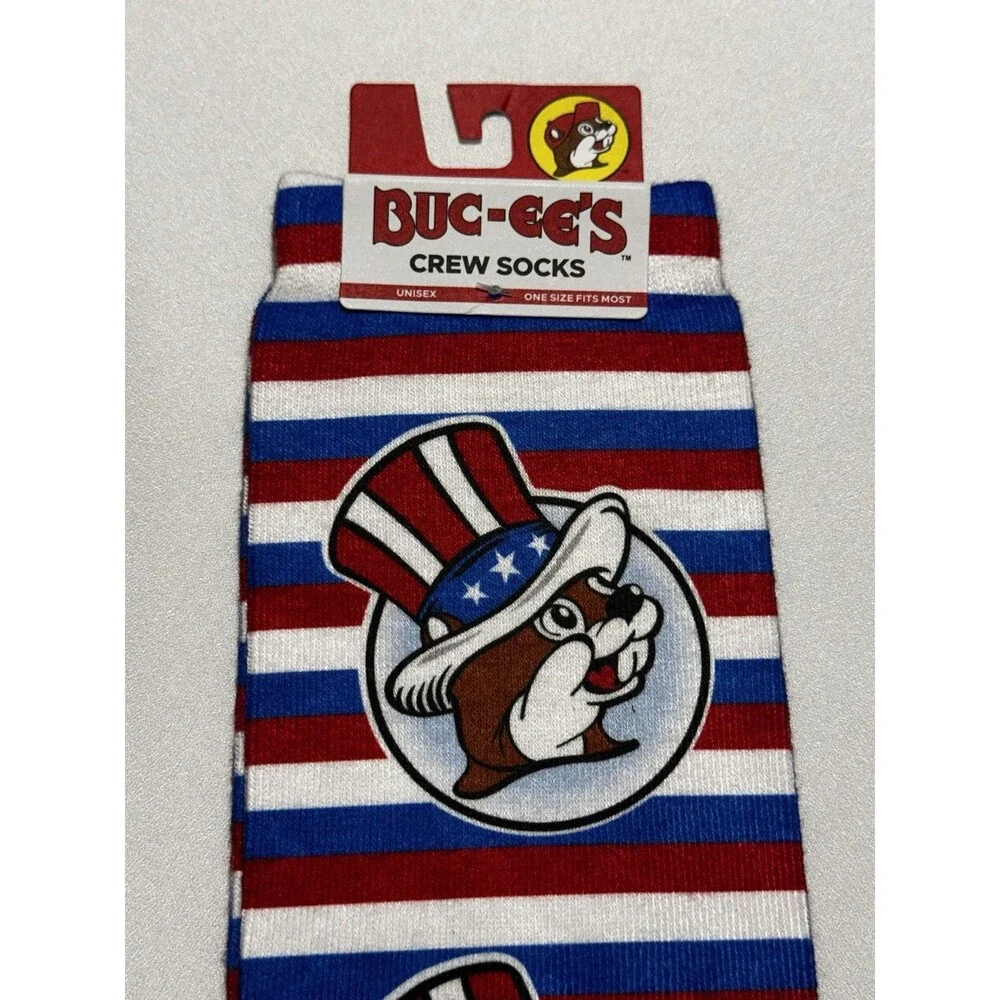 Buc-ee's Bucky Beaver Patriotic Stars Stripes Crew Socks Red White Blue USA Flag